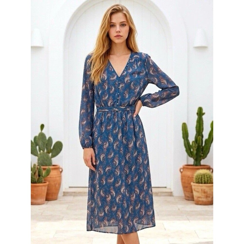 DR2 Women's XS Blue Paisley Woven Shirt Dress V-Neck Button Belted Midi